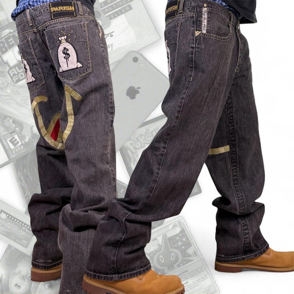 Vintage Parish Baggy Graphic Embroidered Money Jeans Grey Y2K Skater Mens 38